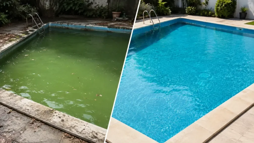Before-and-after comparison of a neglected pool versus a professionally maintained one