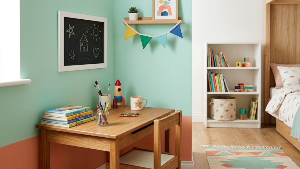 Children Rooms painting color is Soft yellow, mint green, coral, light teal, used sparingly as accents